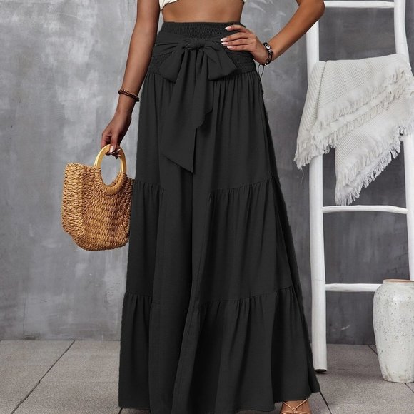 Black Boho Womens Shirred Waist Tie Front Ruffle Hem Wide Leg Pants - Picture 5 of 5